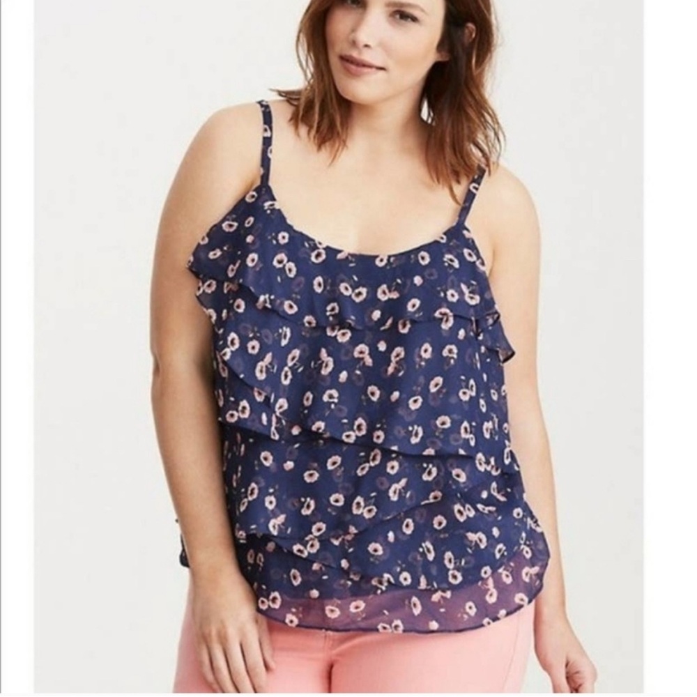 Torrid Spaghetti Strap Semi Sheer Tiered Boho Camisole Navy Poppy Print NWOT